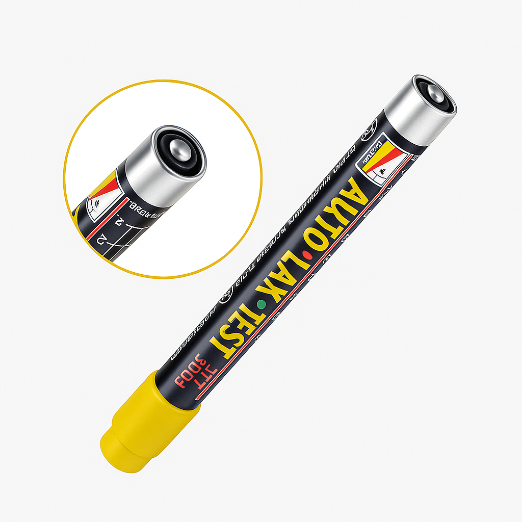Magnetic paint thickness tester pen with yellow cap and detailed scale markings.