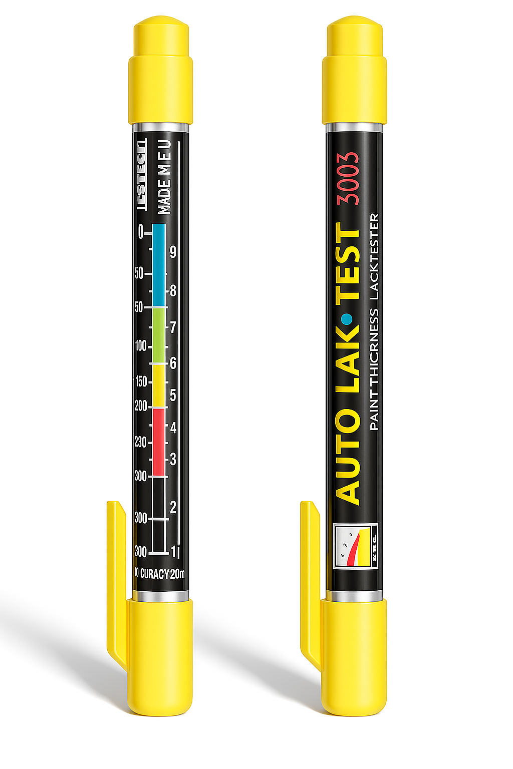 Auto paint thickness test pens with dual-sided magnetic tips and measurement scale.