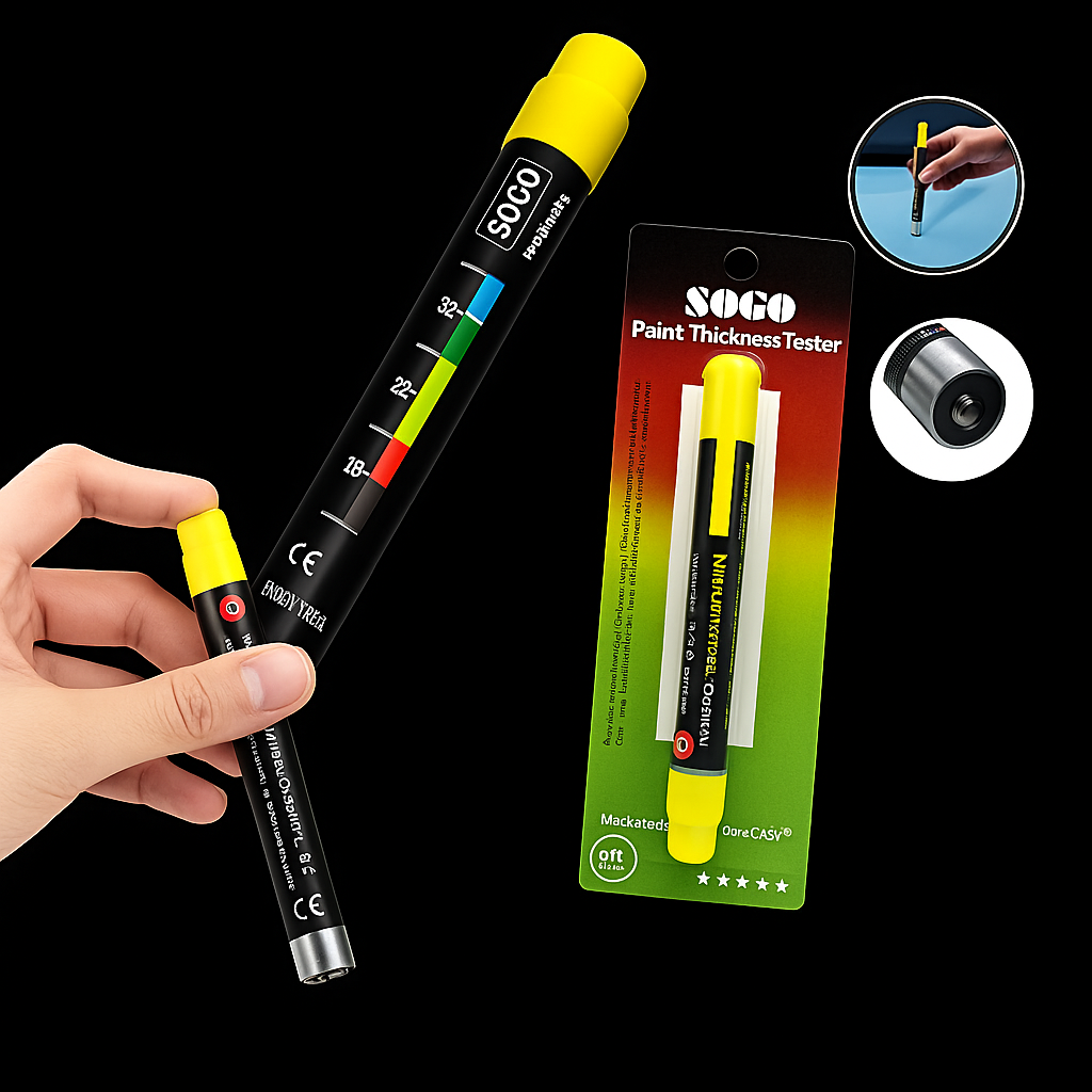 Handheld paint thickness gauge pen for car surface inspection with packaging box.