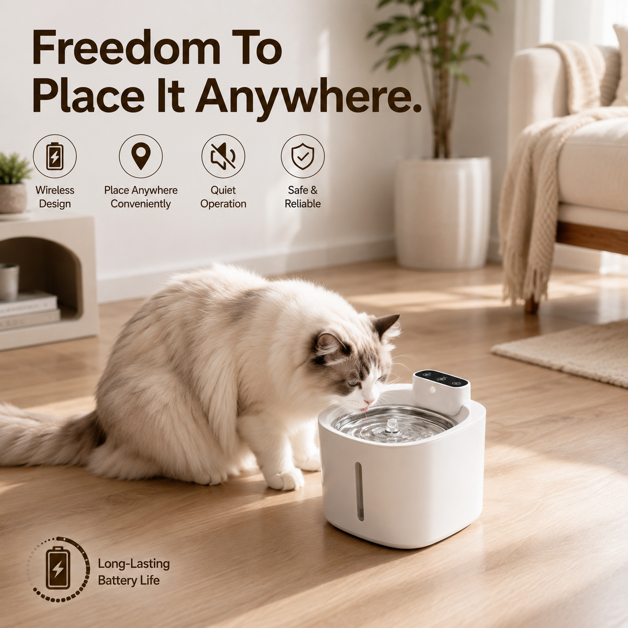 Nexora™ AquaSense Elite — Smart Wireless Motion Sensor Stainless Steel Pet Water Fountain For Cats & Dogs