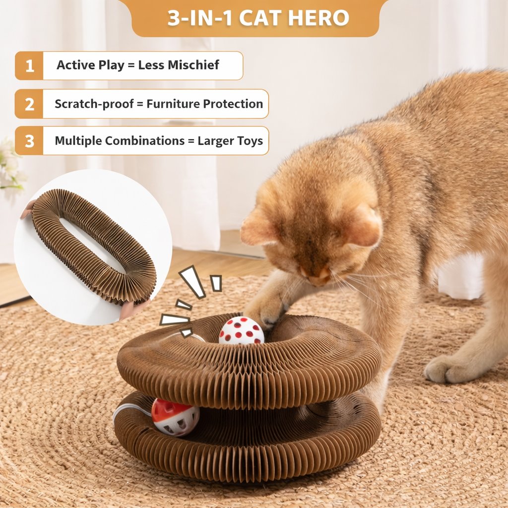 Nexora™ 3-in-1 Interactive Cat Scratcher Toy – Play, Scratch & Hide