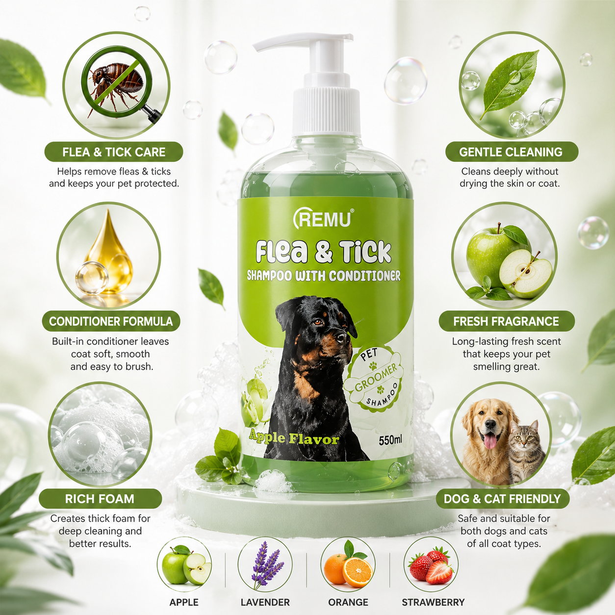 Nexora™ Flea & Tick Groomer Shampoo with Conditioner 550ml — Deep Cleansing Pet Shampoo for Dogs & Cats | Flea & Tick Care | Apple, Lavender, Orange & Strawberry