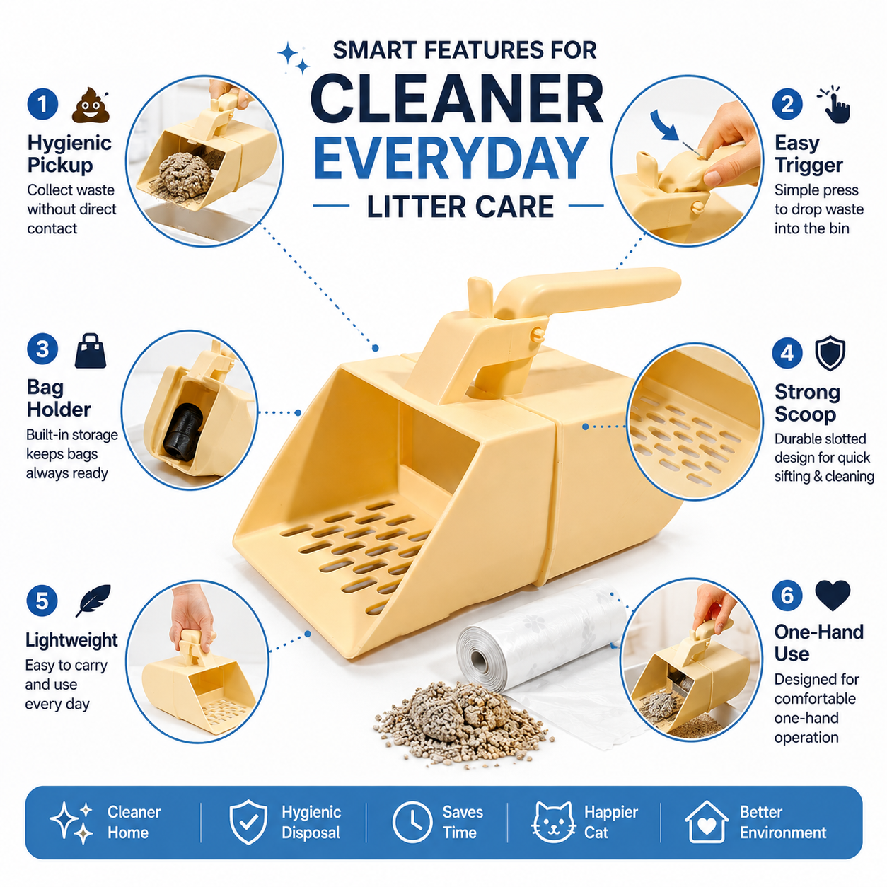 Nexora™ CleanScoop Pro — One-Handed Cat Litter Scoop with Built-In Waste Bin & Disposable Bag System