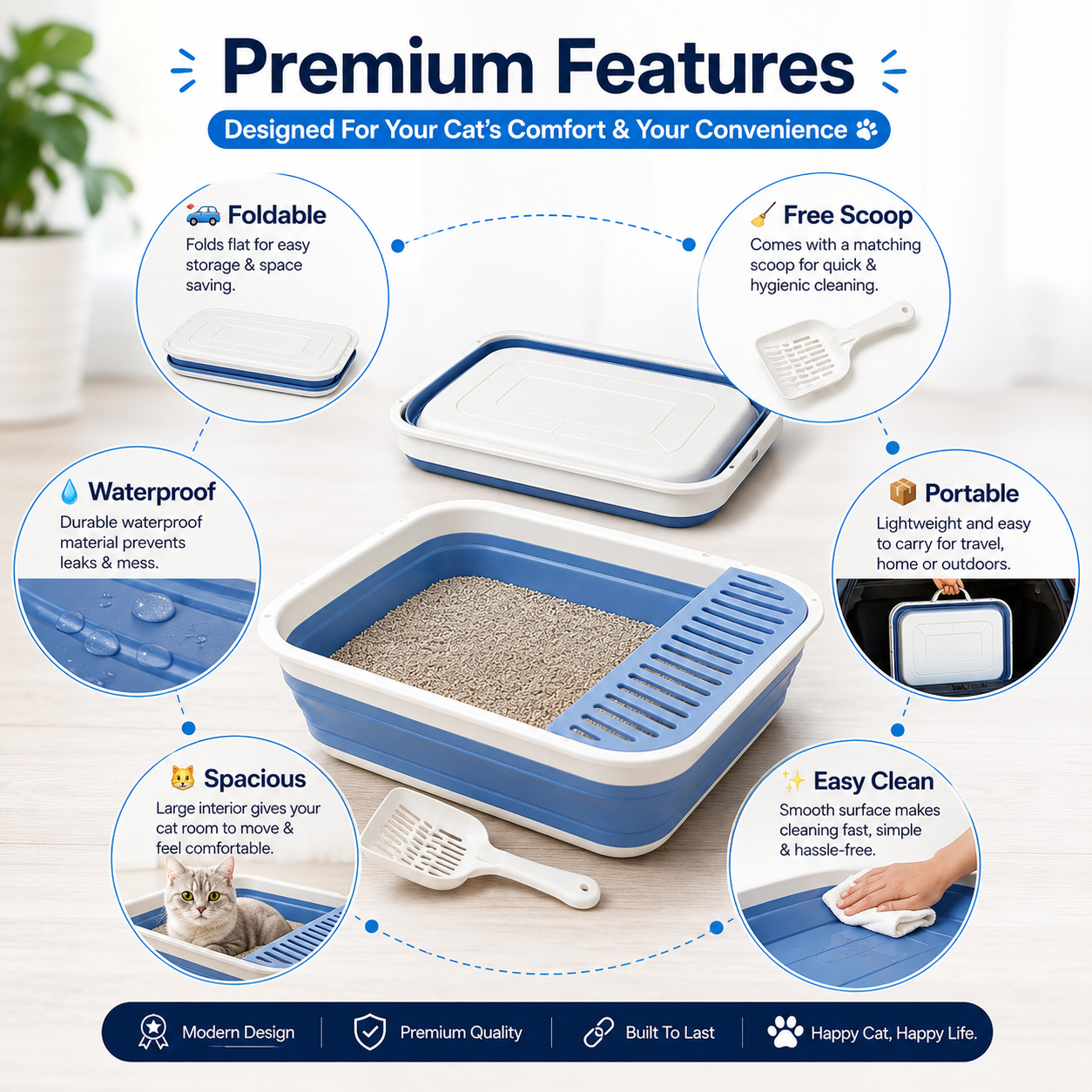 Nexora™ FoldEase Cat Litter Box — Foldable Portable Cat Litter Tray with Scoop for Clean, Comfortable & Hassle-Free Travel