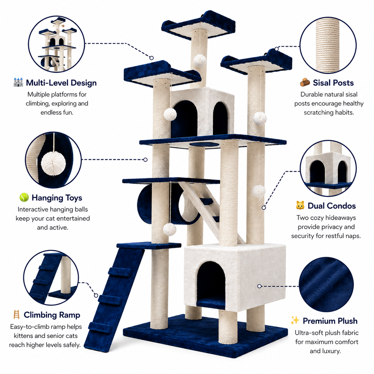 Nexora™ Royal Haven Cat Castle 203cm — Luxury Multi-Level Cat Tree with Dual Condos, Sisal Scratching Posts, Climbing Ramp & Plush Lounges