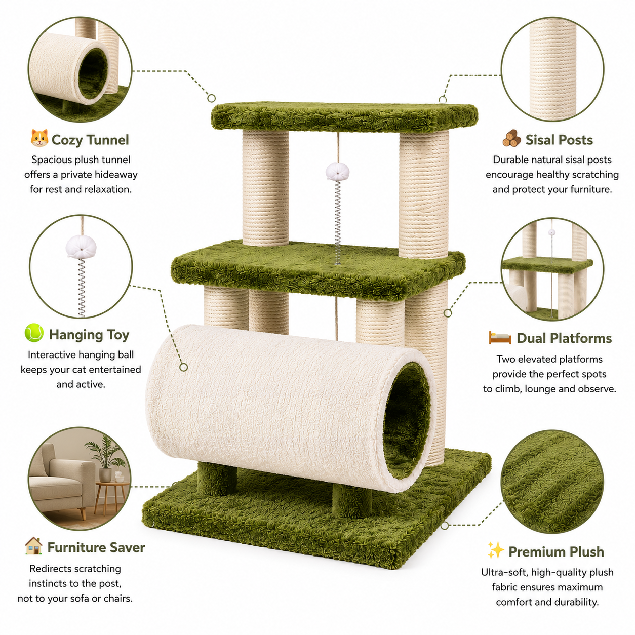 Nexora™ CozyTunnel Cat Tree — Multi-Level Cat Scratching Tower with Plush Tunnel, Sisal Posts & Elevated Lounges