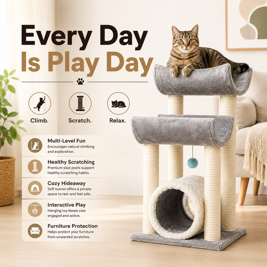 Nexora™ SkyLounge Cat Tower — Multi-Level 80cm Cat Tree with Dual Curved Lounges, Cozy Tunnel & Premium Sisal Scratching Posts