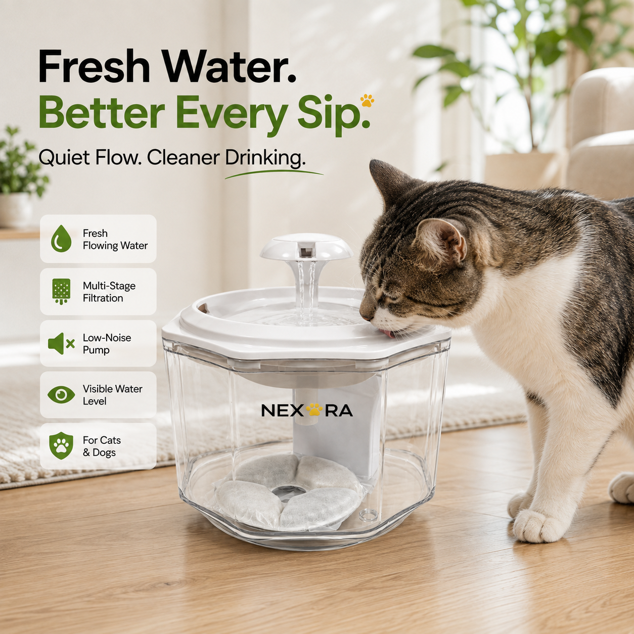 Nexora™ PureFlow Elite — Multi-Filter Quiet Pet Water Fountain For Cats & Dogs
