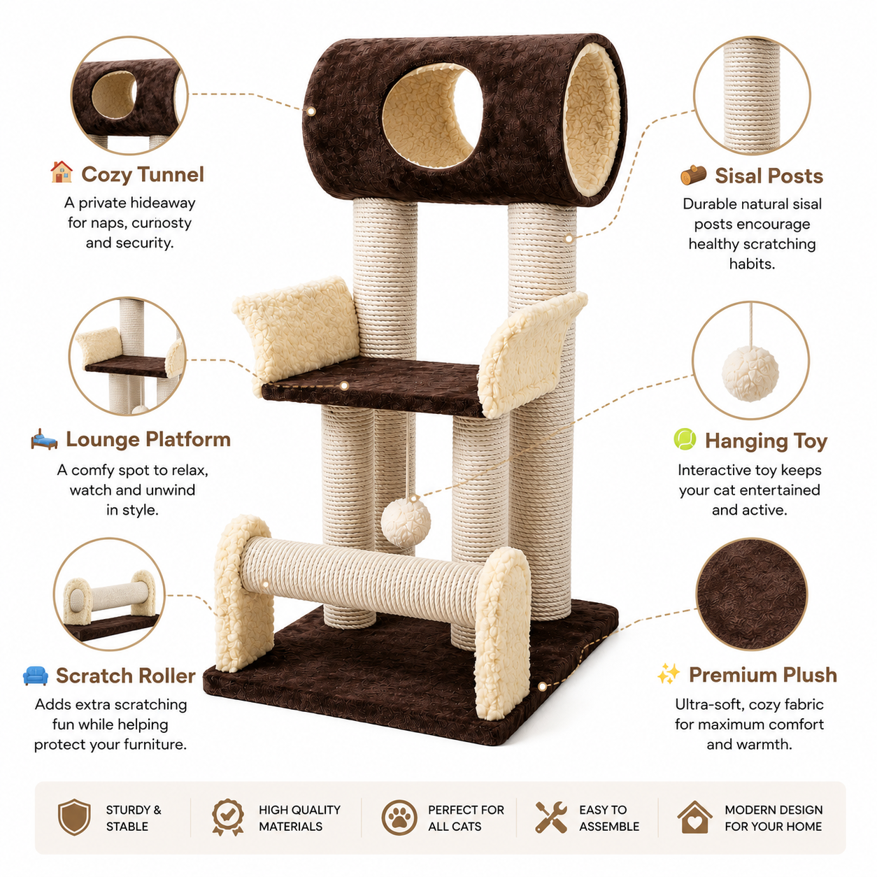 Nexora™ EagleNest Cat Tree — Premium Multi-Level Cat Tower with Cozy Tunnel, Sisal Scratch Posts, Lounge Platform & Interactive Play Ball