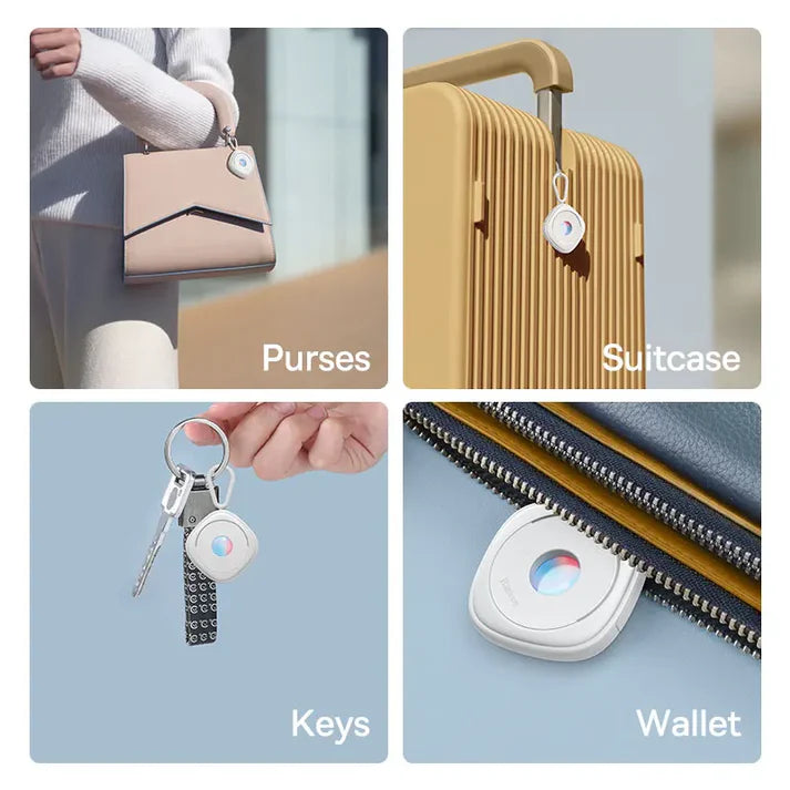 Smart tracker attached to purse, suitcase, keys, and wallet for anti-theft security.