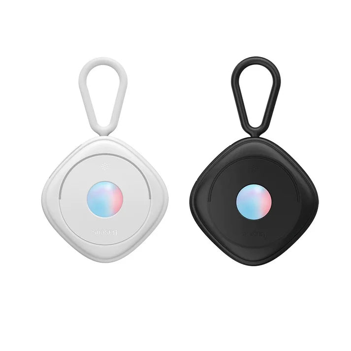 Smart tracker projecting light and sound alarm for locating lost items indoors.