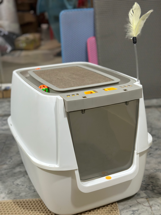 Nexora™ CozyPlay Haven — Premium Enclosed Cat Litter Box With Interactive Feather Toy & Top Scratching Pad