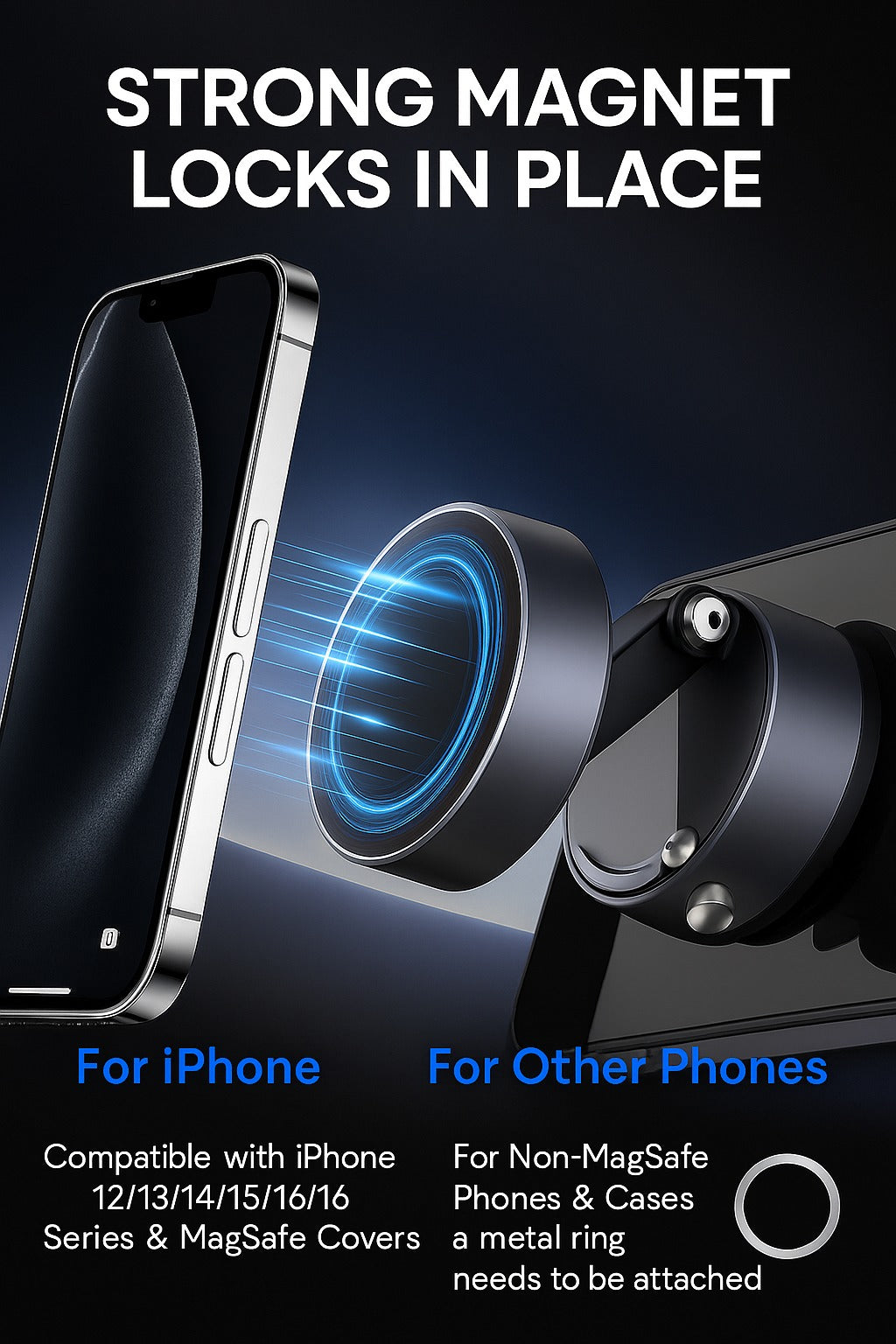 Strong magnetic phone holder compatible with iPhone MagSafe and other smartphones.