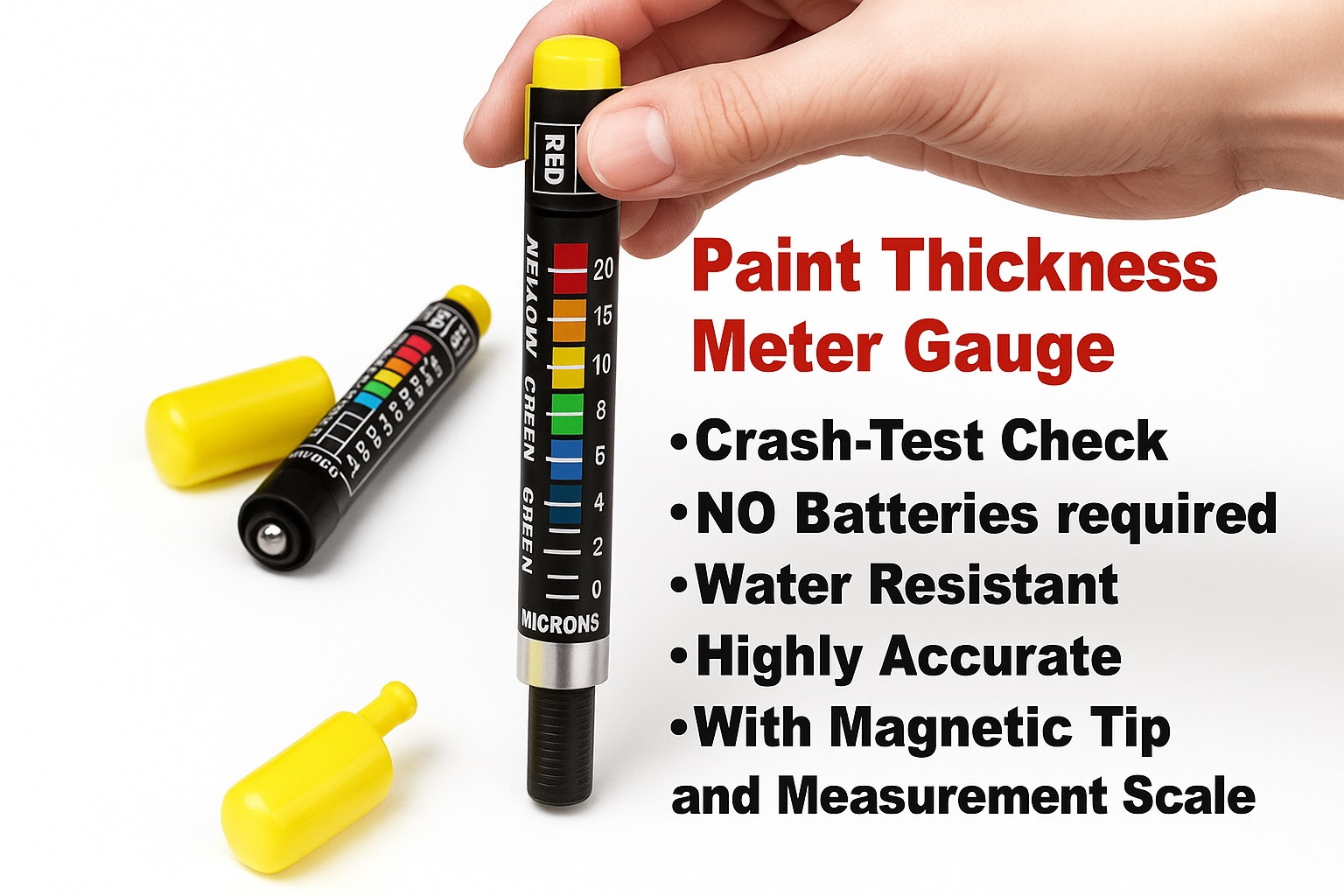 Paint thickness meter gauge with crash-test check, no batteries required, water resistant.