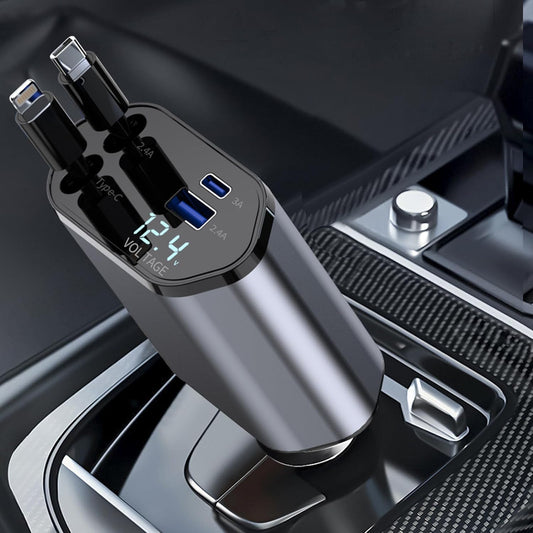 Nexora 4-in-1 smart car charger with dual USB and Type-C ports placed in car cup holder.