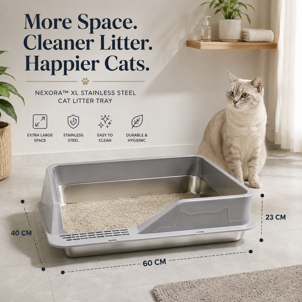 Nexora™ XL Stainless Steel Cat Litter Tray — 60×40×23 cm Premium Litter Box For Cats