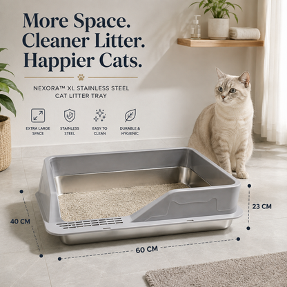 Nexora™ XL Stainless Steel Cat Litter Tray — 60×40×23 cm Premium Litter Box For Cats