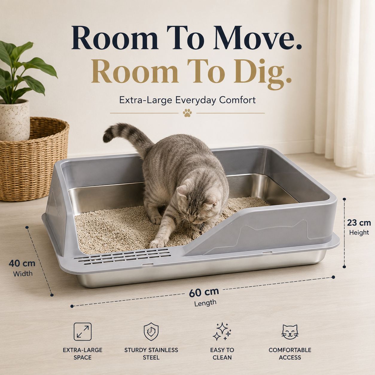 Nexora™ XL Stainless Steel Cat Litter Tray — 60×40×23 cm Premium Litter Box For Cats