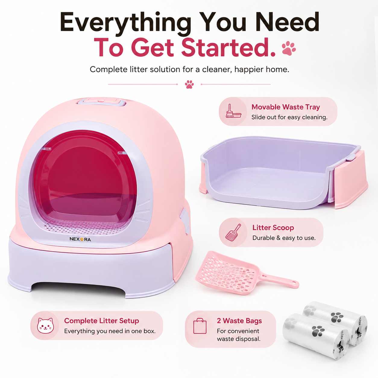 Nexora™ CleanSpace Pro — Premium Enclosed Cat Litter Box With Movable Waste Tray, Scoop & Waste Bags