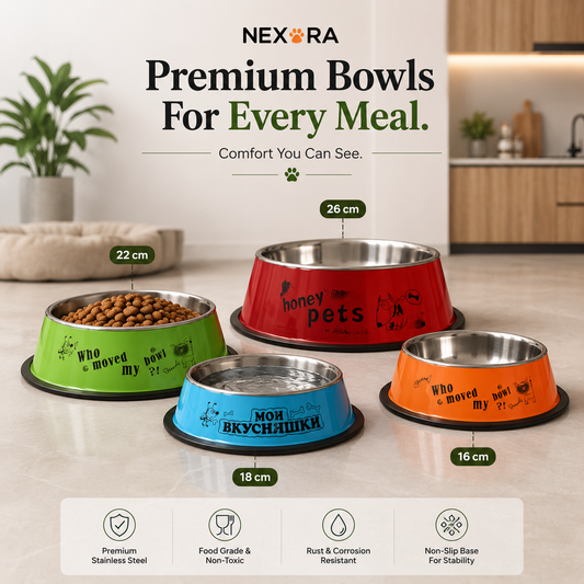 Nexora™ SteelServe Classic — Premium Stainless Steel Anti-Slip Pet Feeding Bowl (4 Sizes)