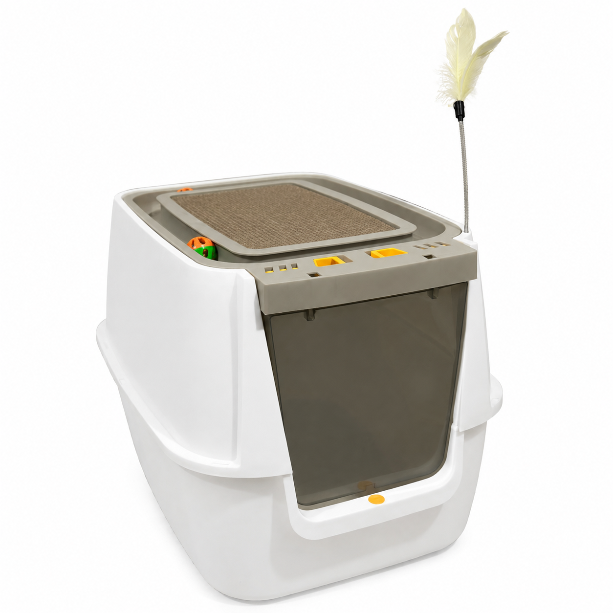 Nexora™ CozyPlay Haven — Premium Enclosed Cat Litter Box With Interactive Feather Toy & Top Scratching Pad