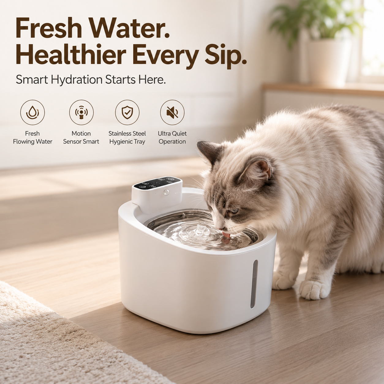 Nexora™ AquaSense Elite — Smart Wireless Motion Sensor Stainless Steel Pet Water Fountain For Cats & Dogs