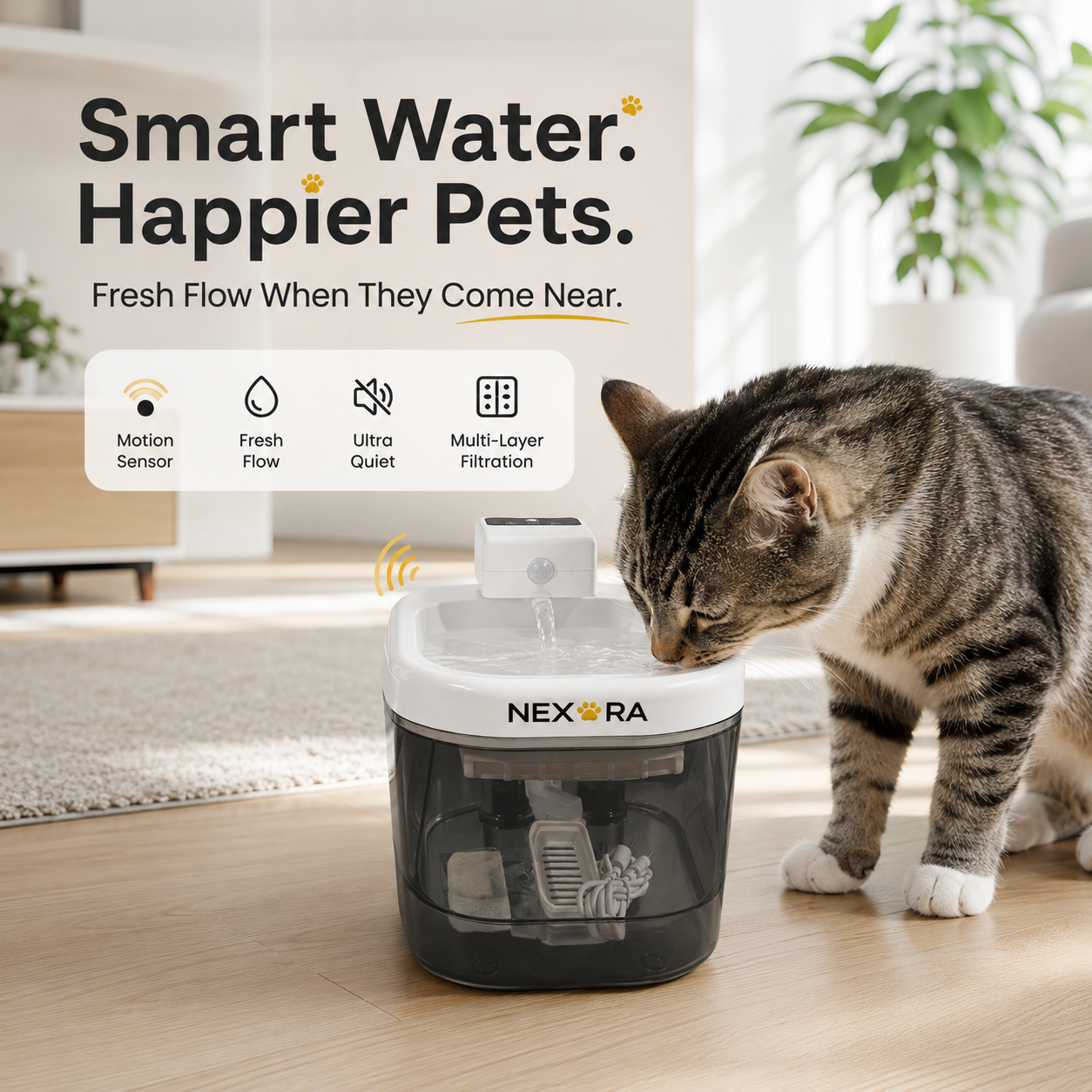 Nexora™ SmartFlow Collection — Wireless Motion Sensor Pet Water Fountains For Cats & Dogs