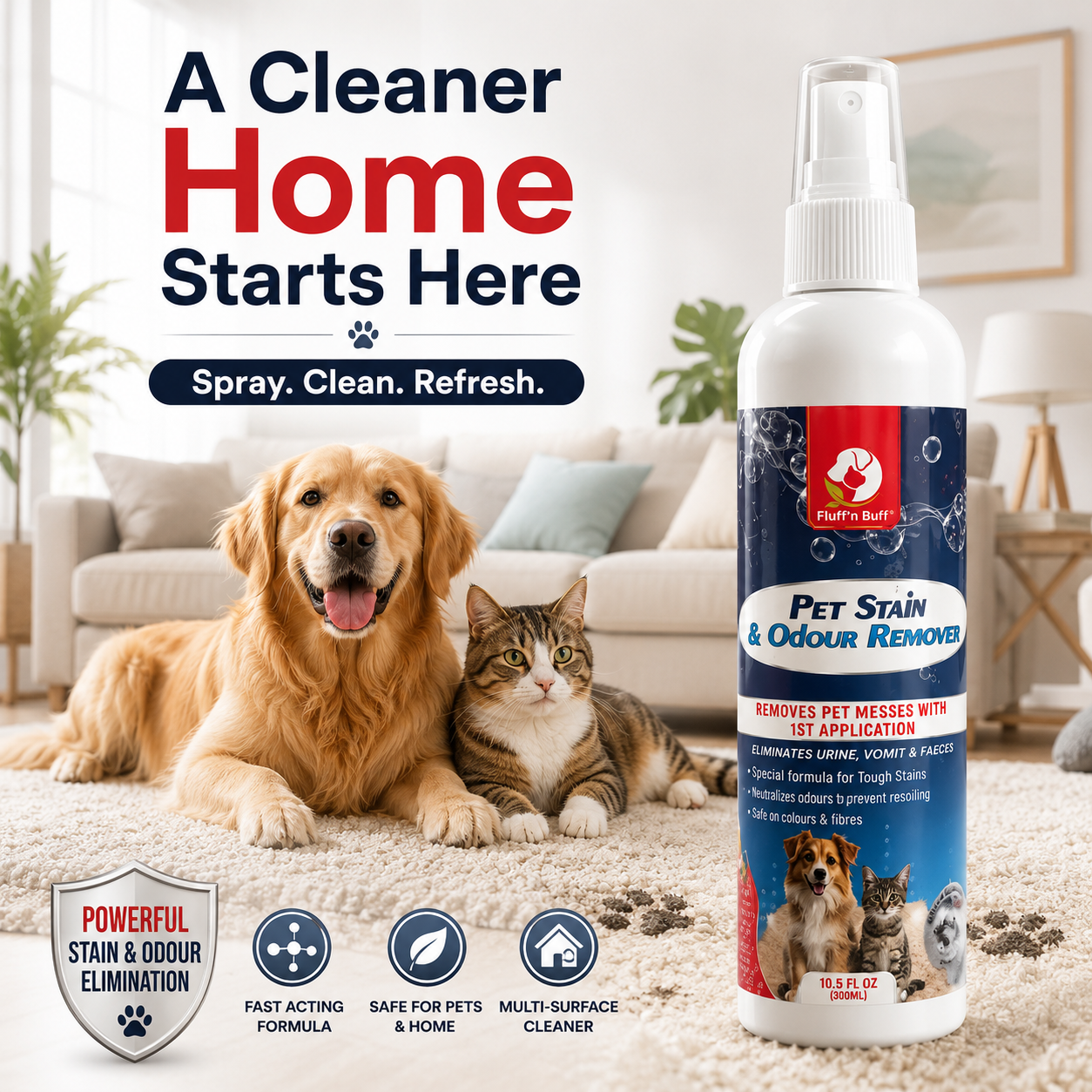 Nexora™ Pet Stain & Odour Remover Spray 300ml — Powerful Enzyme-Based Cleaner for Urine, Vomit, Drool & Tough Pet Messes