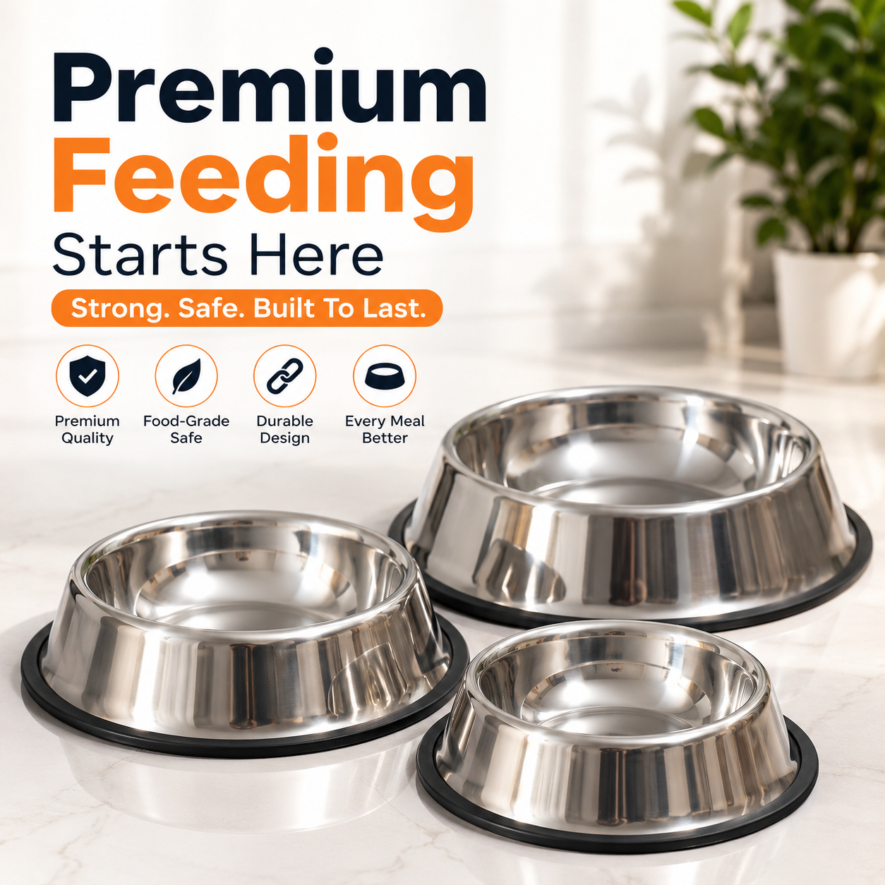 Nexora™ Stainless Steel Pet Food Bowl — Heavy-Duty Non-Slip Feeding Bowl for Dogs & Cats (3 Sizes)