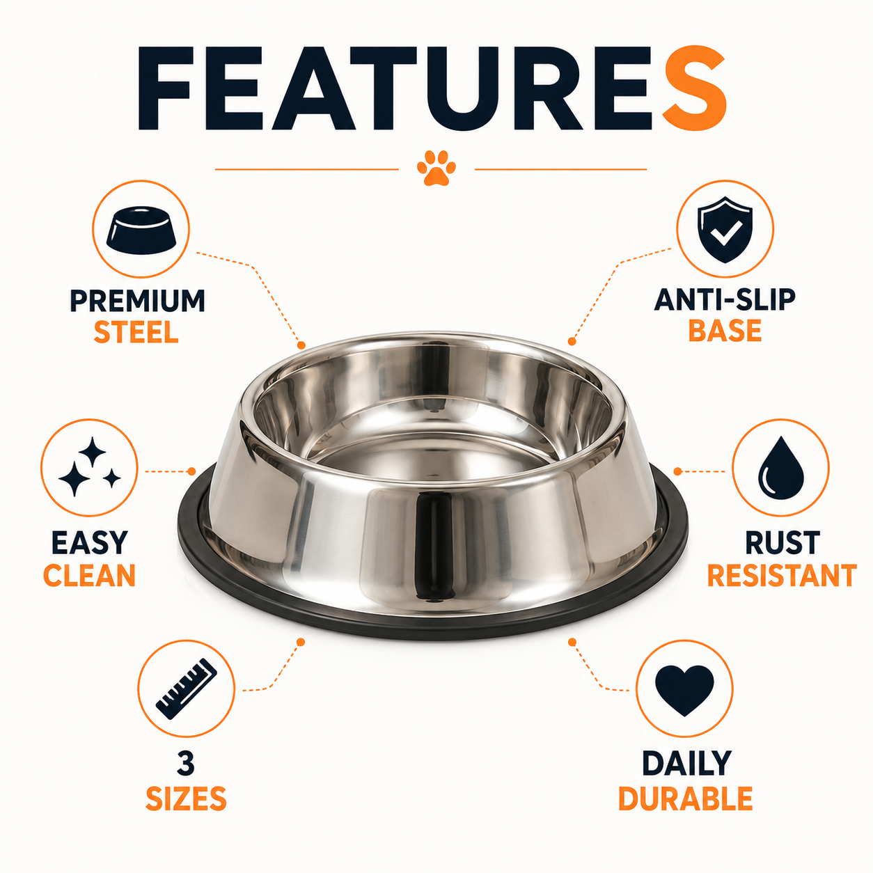 Nexora™ Stainless Steel Pet Food Bowl — Heavy-Duty Non-Slip Feeding Bowl for Dogs & Cats (3 Sizes)