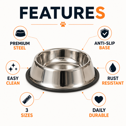 Nexora™ Stainless Steel Pet Food Bowl — Heavy-Duty Non-Slip Feeding Bowl for Dogs & Cats (3 Sizes)