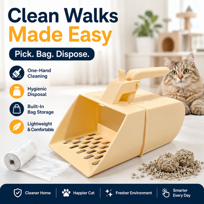 Nexora™ CleanScoop Pro — One-Handed Cat Litter Scoop with Built-In Waste Bin & Disposable Bag System