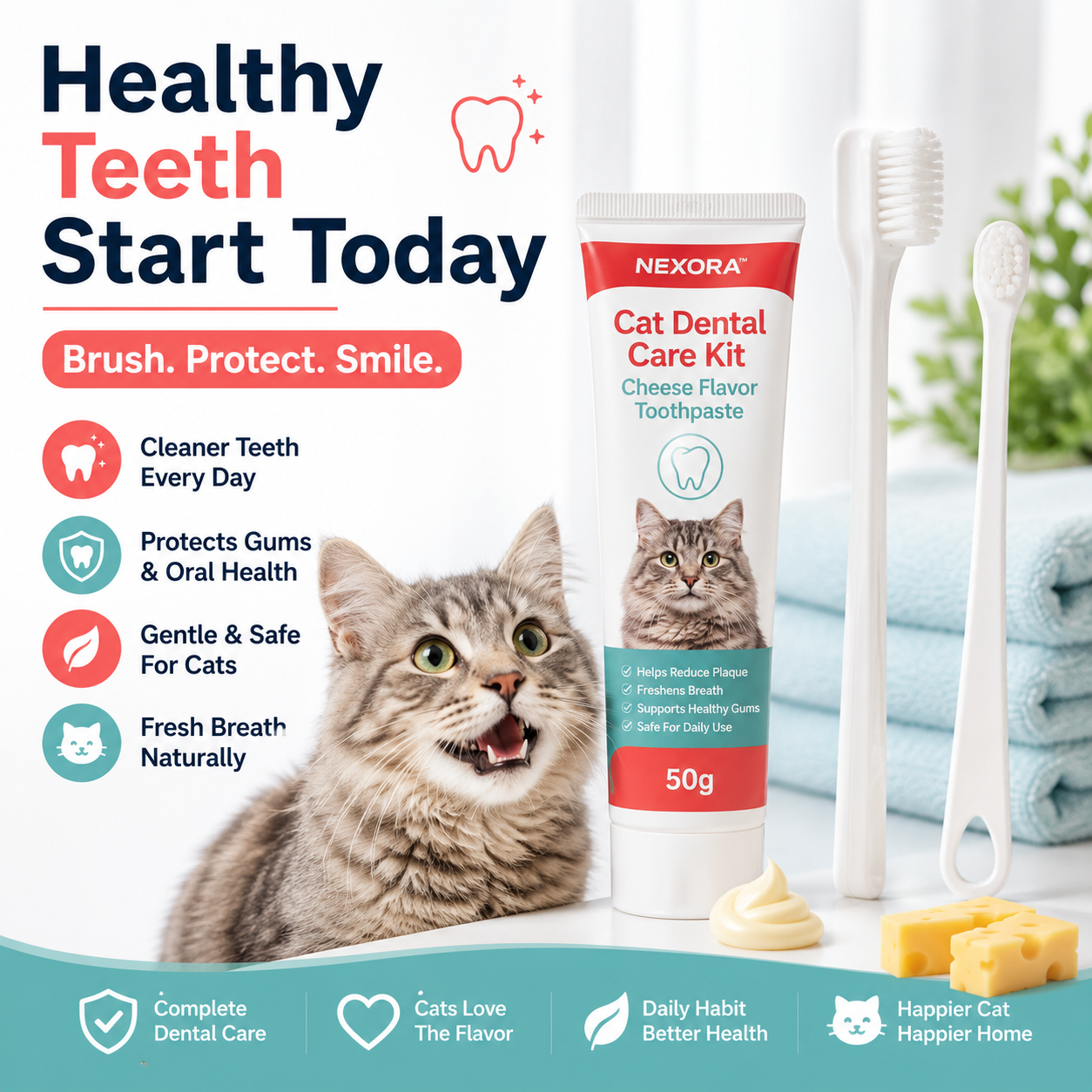 Nexora™ Cat Dental Care Kit — Complete Toothbrush & Cheese-Flavored Toothpaste Set for Fresh Breath, Healthy Teeth & Daily Oral Hygiene