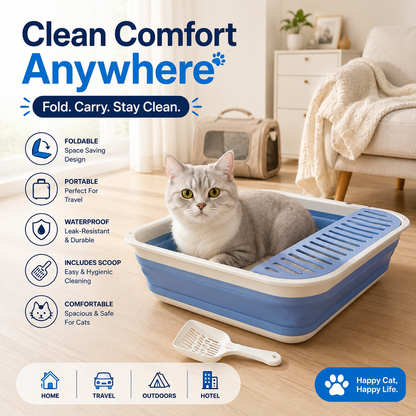 Nexora™ FoldEase Cat Litter Box — Foldable Portable Cat Litter Tray with Scoop for Clean, Comfortable & Hassle-Free Travel