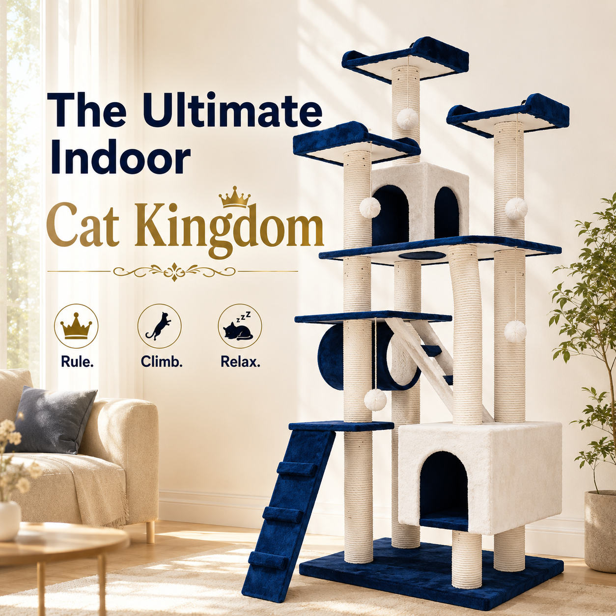 Nexora™ Royal Haven Cat Castle 203cm — Luxury Multi-Level Cat Tree with Dual Condos, Sisal Scratching Posts, Climbing Ramp & Plush Lounges