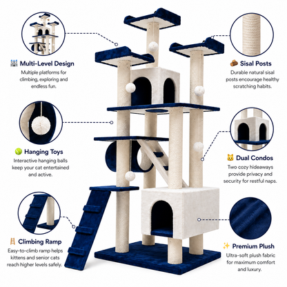 Nexora™ Royal Haven Cat Castle 203cm — Luxury Multi-Level Cat Tree with Dual Condos, Sisal Scratching Posts, Climbing Ramp & Plush Lounges
