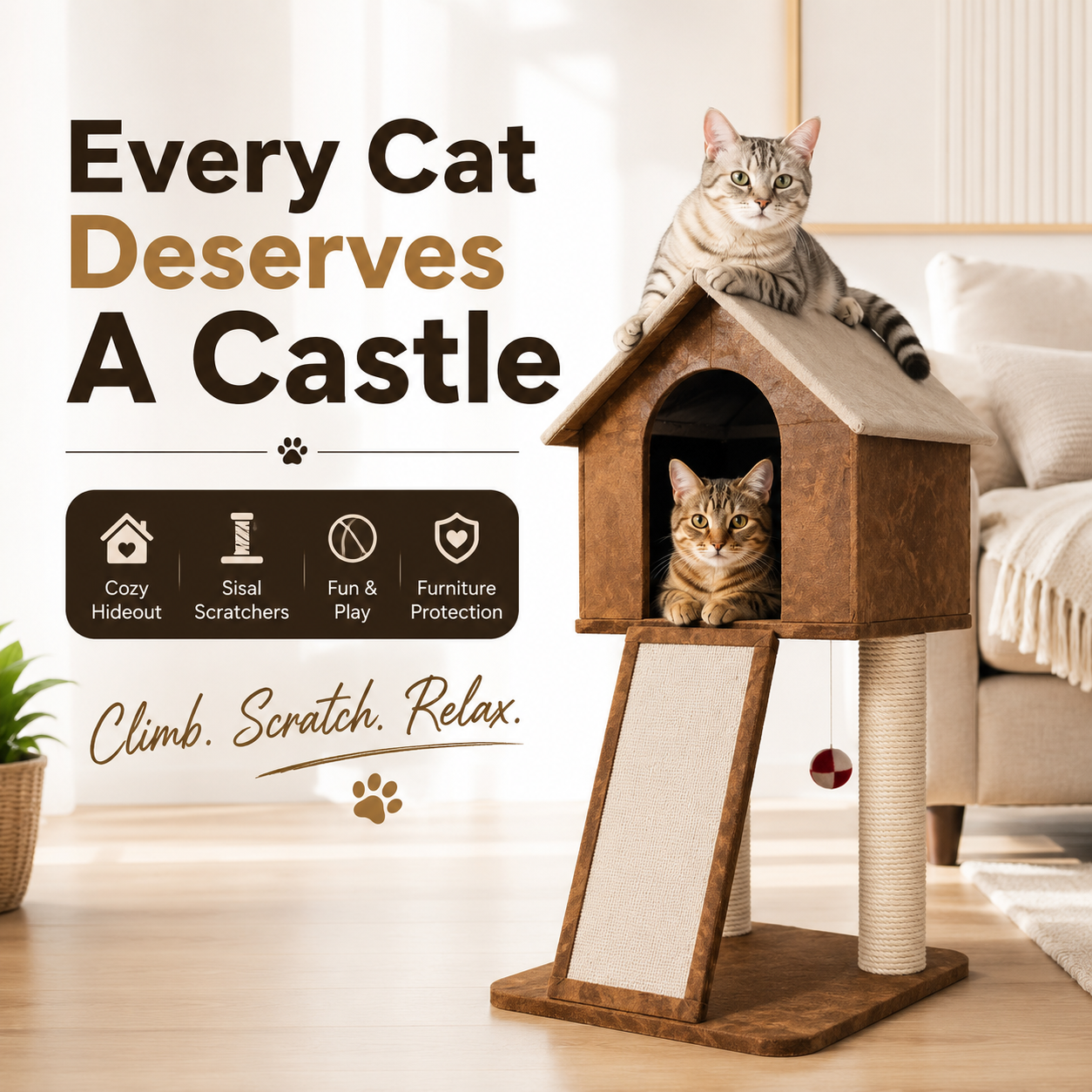 Nexora™ Woodland Cat Castle 92 — Premium Multi-Level Cat House with Scratching Posts, Cozy Hideout, Climbing Ramp & Interactive Play Ball [92cm]