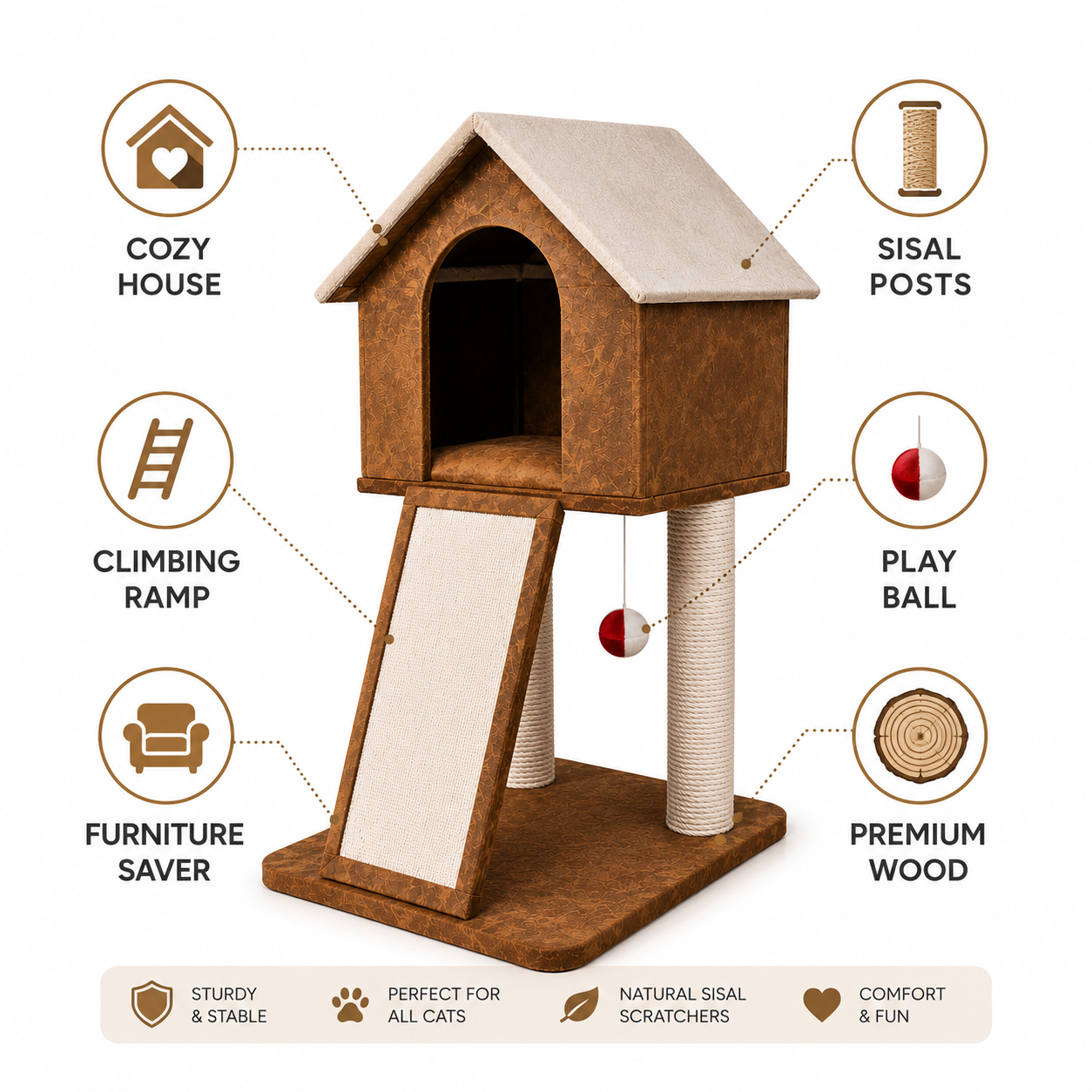 Nexora™ Woodland Cat Castle 92 — Premium Multi-Level Cat House with Scratching Posts, Cozy Hideout, Climbing Ramp & Interactive Play Ball [92cm]