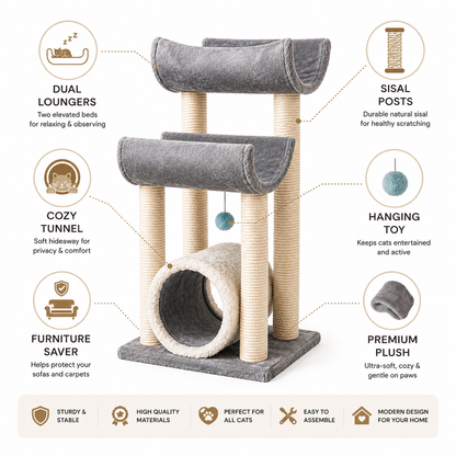 Nexora™ SkyLounge Cat Tower — Multi-Level 80cm Cat Tree with Dual Curved Lounges, Cozy Tunnel & Premium Sisal Scratching Posts