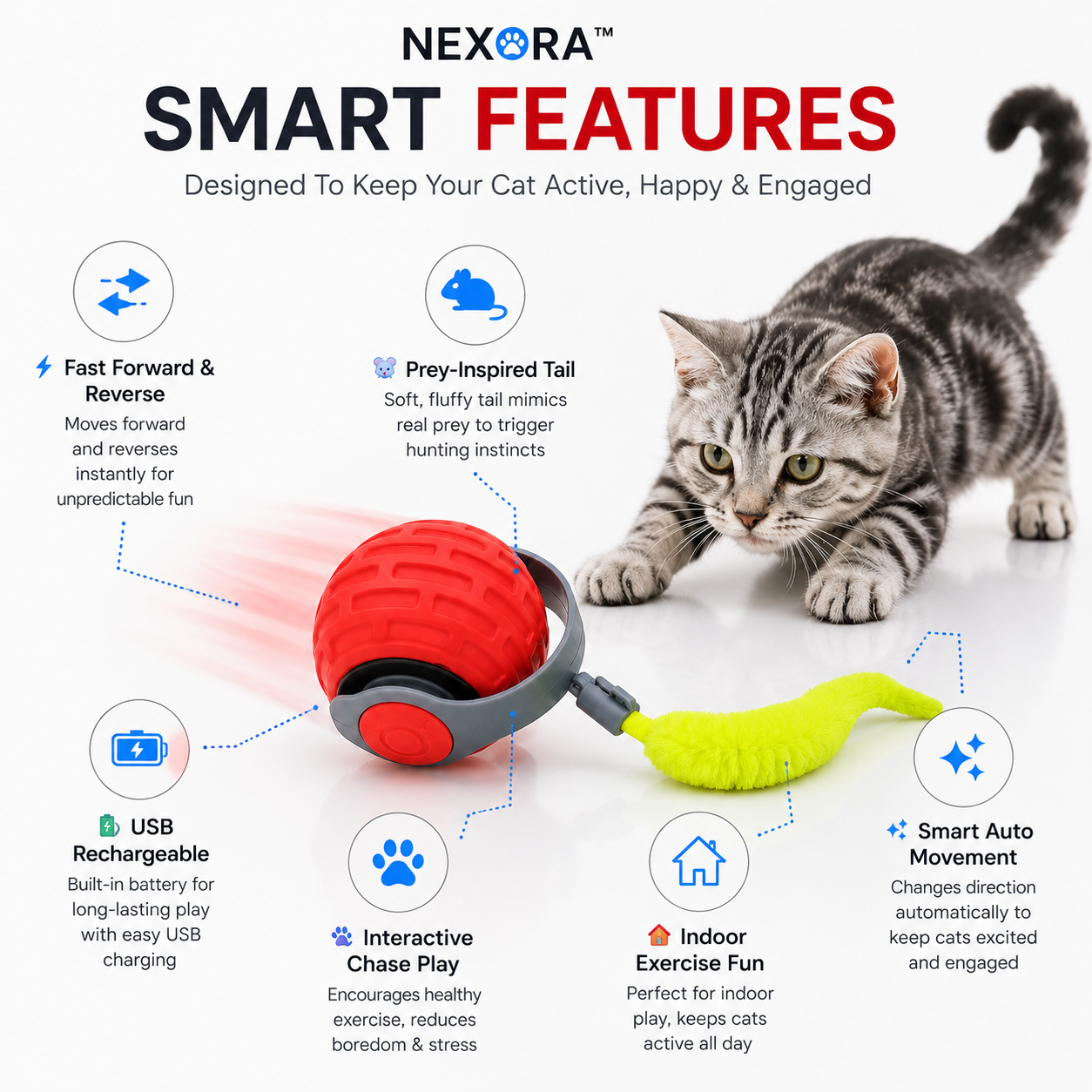 Nexora™ TurboTail Ball — Rechargeable Interactive Cat Chase Toy
