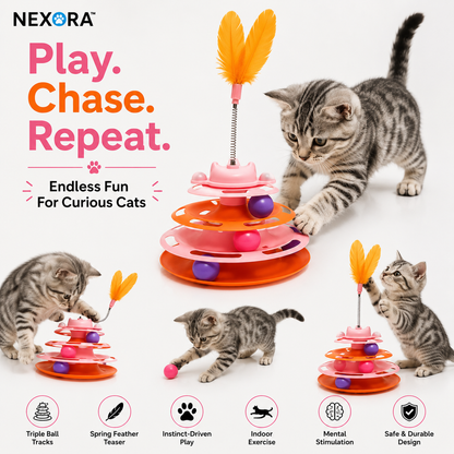 Nexora™ PlayPounce Tower — Interactive Multi-Level Cat Ball Track & Feather Toy