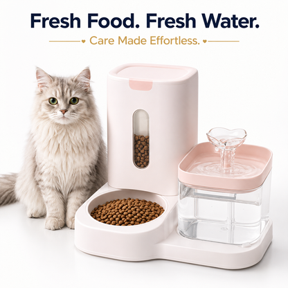 Nexora™ AutoFeast Oasis — Automatic Food Dispenser & Filtered Water Fountain Station