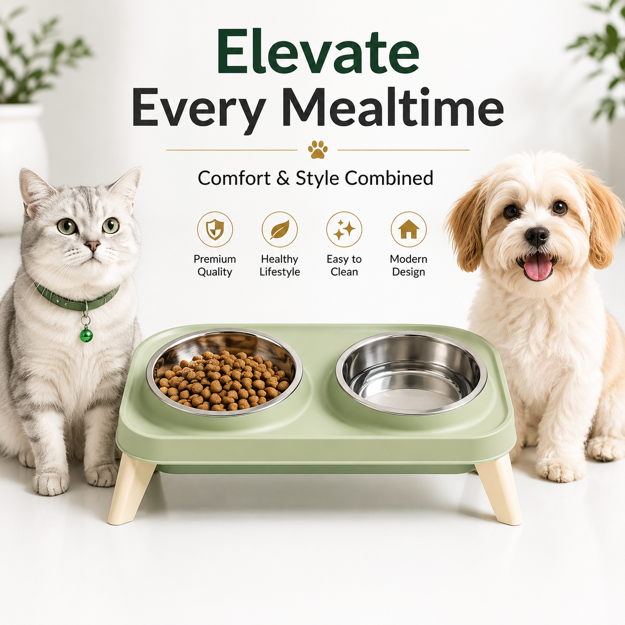 Nexora™ DineEase Duo Bowl — Elevated Dual Stainless Steel Feeding Station For Cats & Dogs