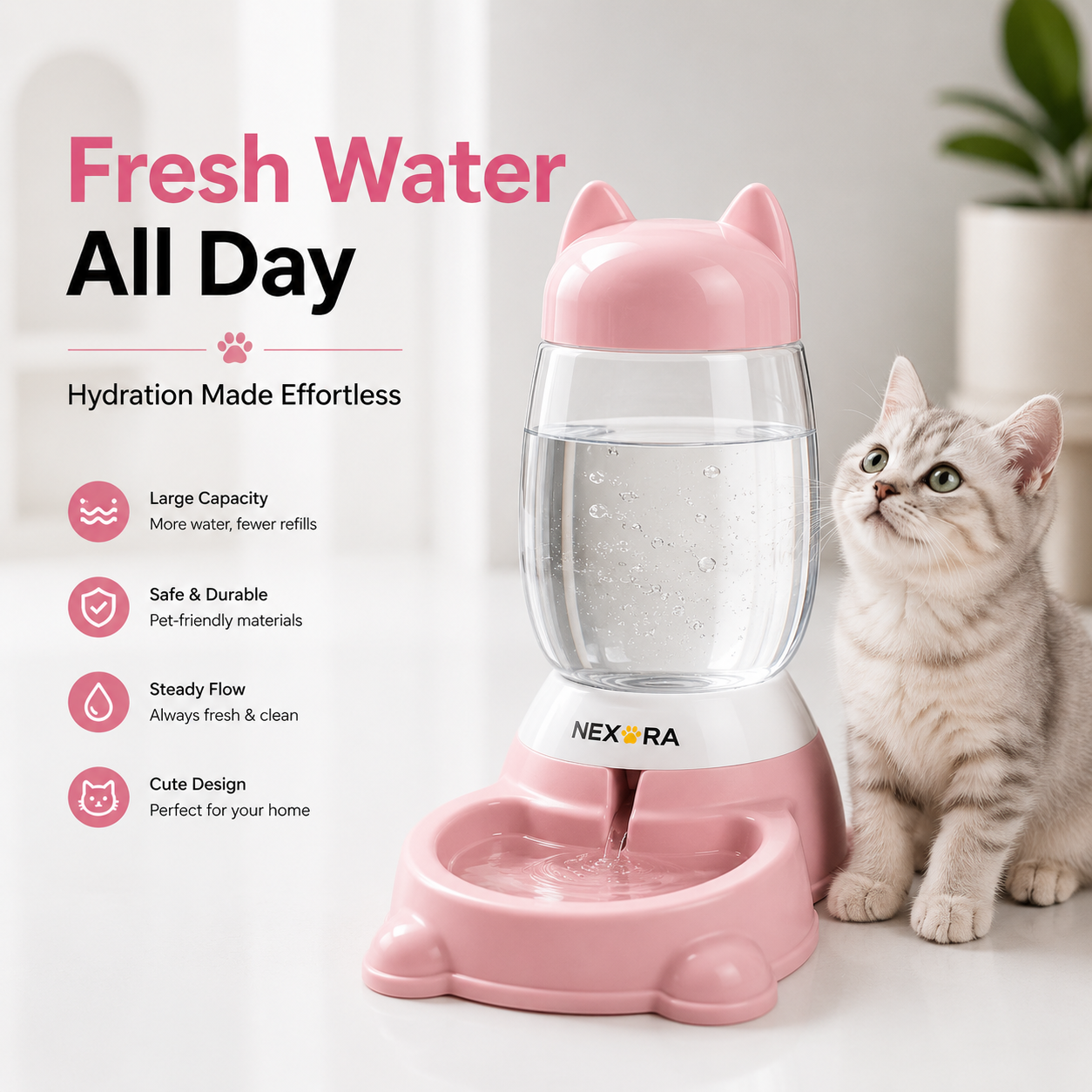 Nexora™ AquaPaws Cat Fountain — Cute Cat-Ear Gravity Water Dispenser For Cats & Dogs