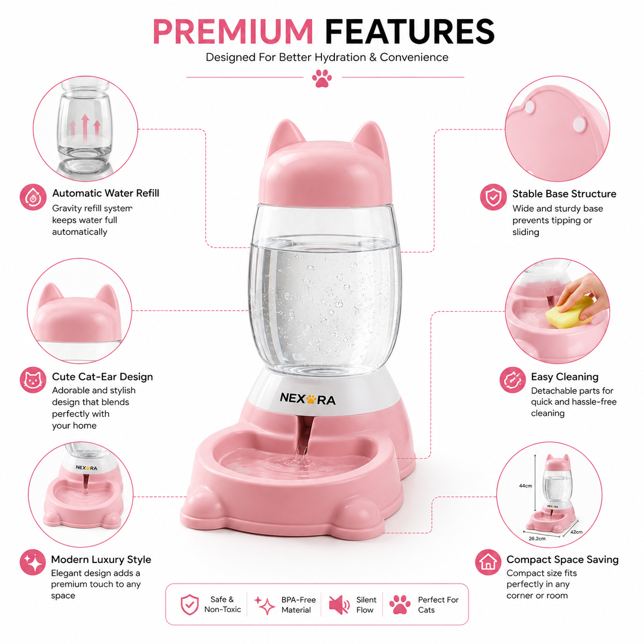 Nexora™ AquaPaws Cat Fountain — Cute Cat-Ear Gravity Water Dispenser For Cats & Dogs