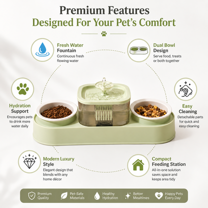 Nexora™ AquaDine Pro Station — Dual Feeding Bowls With Integrated Water Fountain For Cats & Dogs