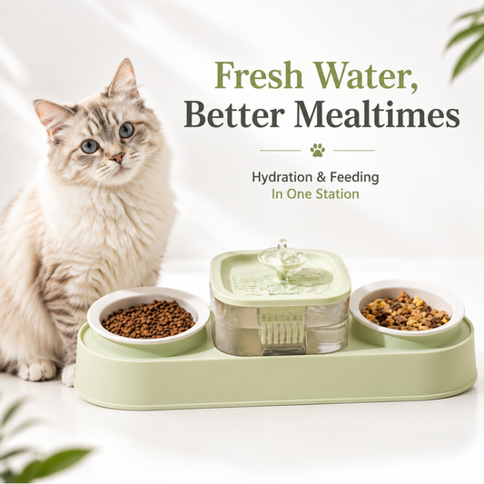 Nexora™ AquaDine Pro Station — Dual Feeding Bowls With Integrated Water Fountain For Cats & Dogs