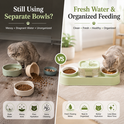 Nexora™ AquaDine Pro Station — Dual Feeding Bowls With Integrated Water Fountain For Cats & Dogs