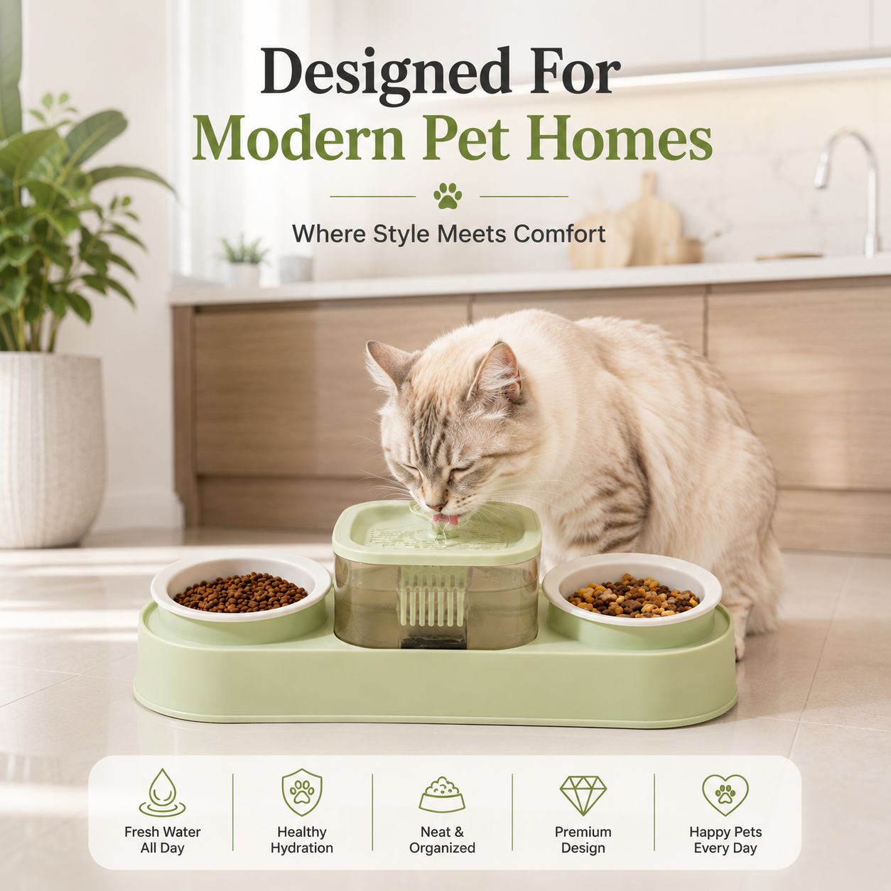 Nexora™ AquaDine Pro Station — Dual Feeding Bowls With Integrated Water Fountain For Cats & Dogs