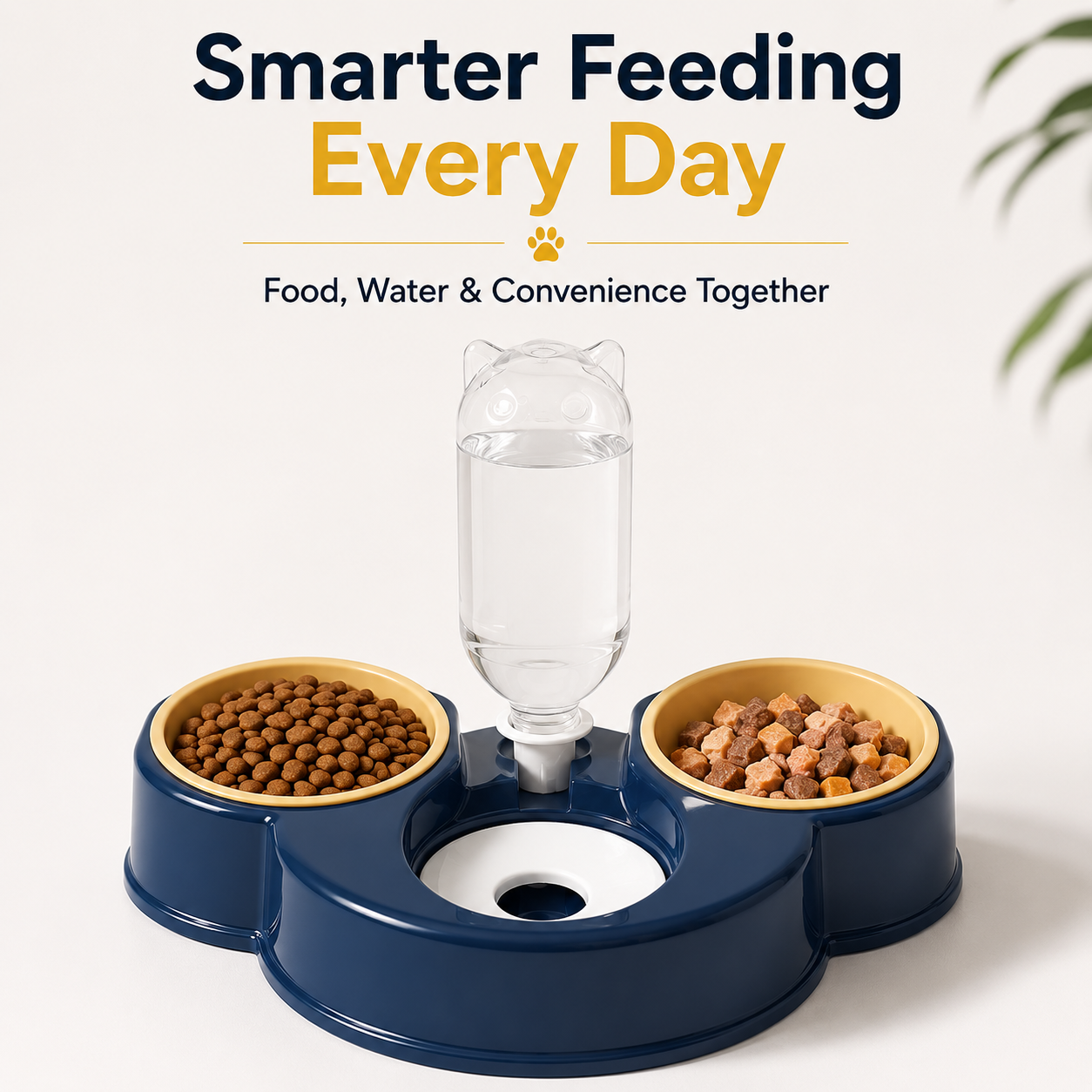 Nexora™ AquaPaw Trio — Modern Dual Feeding Bowls With Automatic Gravity Water Dispenser